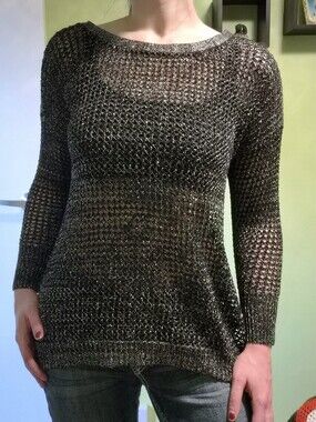 Y2K Point Zero Metallic Black And Silver Open-Weave Boatneck Sweater